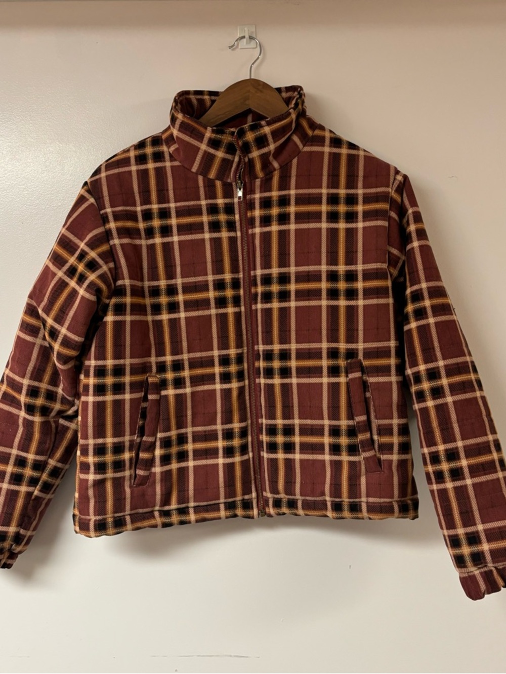 Paper Crane Plaid Cropped Jacket Brown Tan Zip Up Coat Size Small